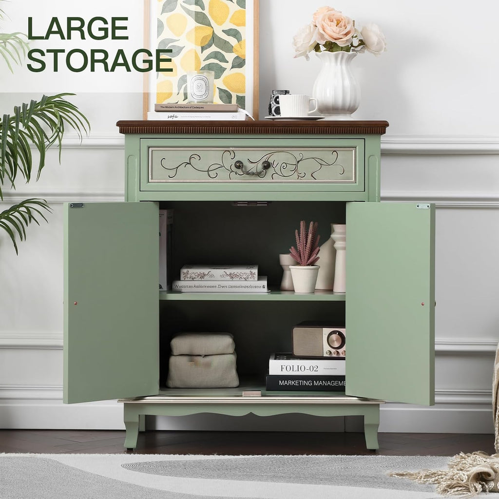 Ahokua Sage Green Accent Cabinet with Drawer and Textured Doors, Farmhouse Storage Cabinet with Adjustable Shelf, French Country Entryway Cabinet for Living Room, Hallway and Dining Room