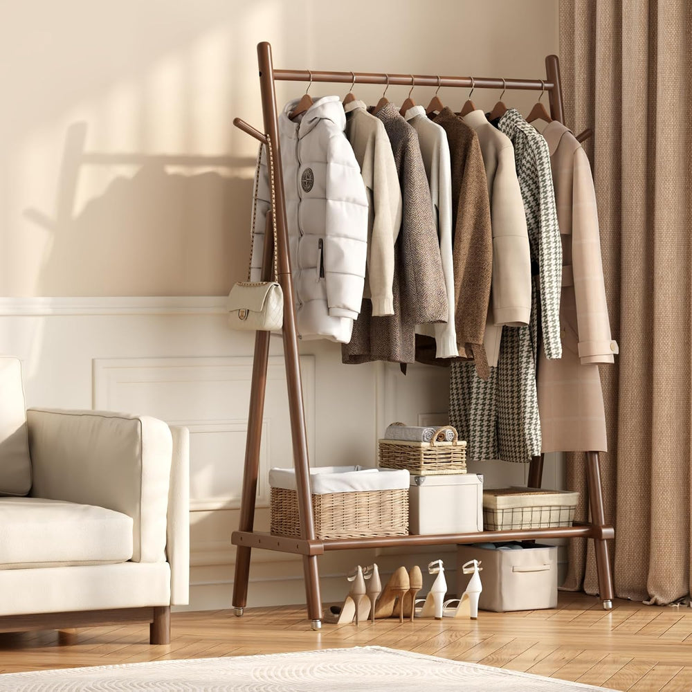 Muwuele Solid Wood Clothing Rack On Wheels for Hanging Clothes，Walnut