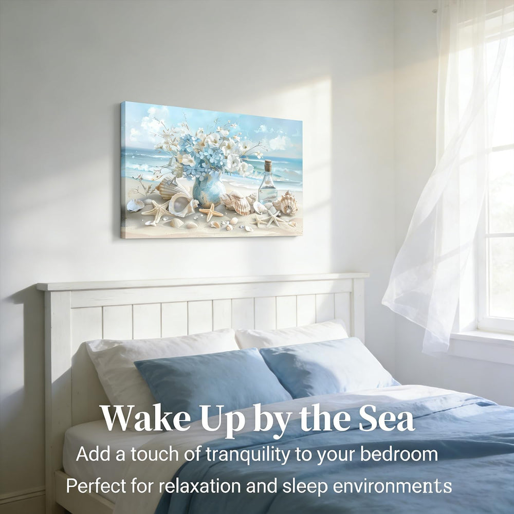 Blue Ocean Beach Bathroom Canvas Wall Art Seaside Seashell Painting Picture W...