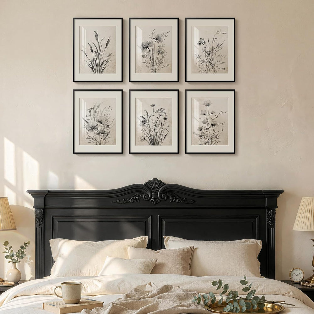 Framed Vintage Black and White Boho Botanical Wall Art, 6 Piece 11x14 In
