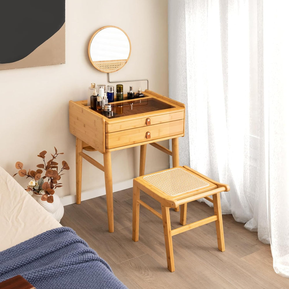CHARMAID Vanity Stool, Bamboo Ottoman Foot Rest with Rattan Seat, Anti-Slip F...