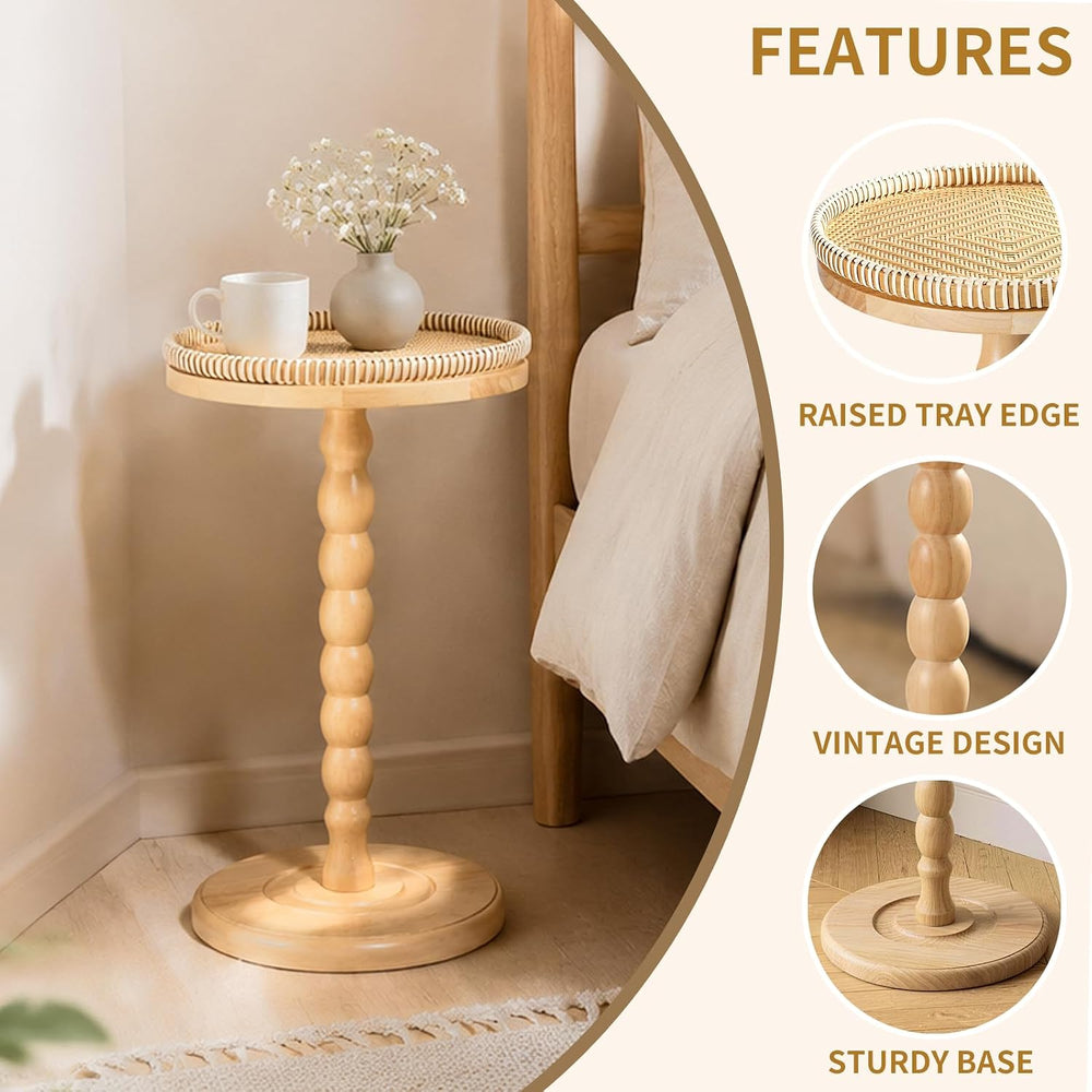 Rattan Round Side Table, Rubberwood‌ Small Drink Table for Small Spaces