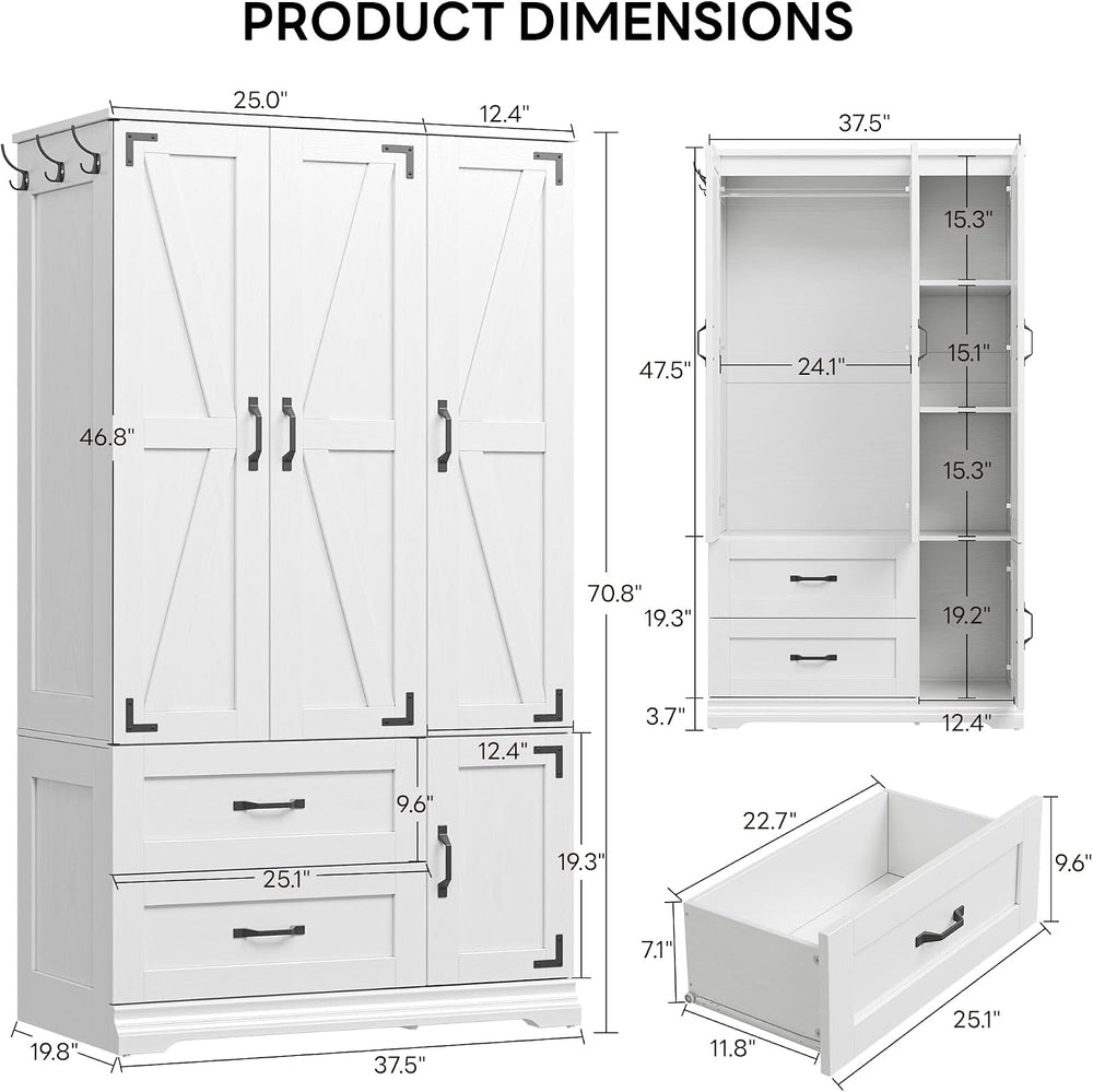 LIKIMIO Armoire Wardrobe Closet 71" with 4 Doors & 2 Drawers, White