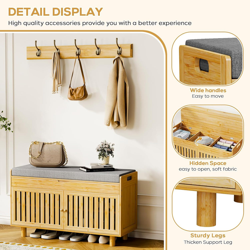 Shoe Storage Bench Coat Rack Set, 35.4" Bamboo Hall Tree Entryway Bench