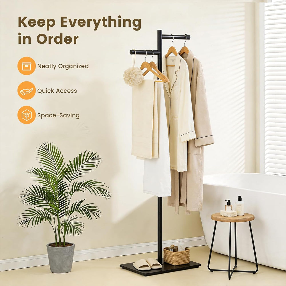 Metal Freestanding Coat Rack, 68.9"H Z-Shaped Coat Tree with Natural Roc...