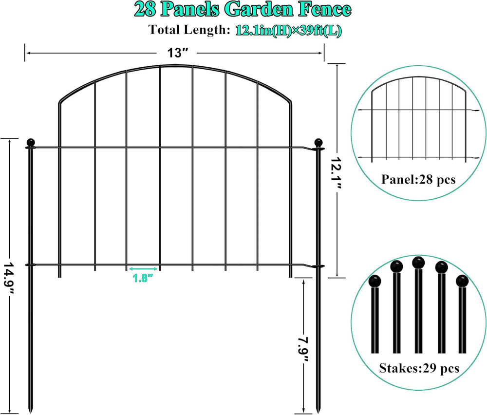 Animal Barrier Fence 12in(H) x 39ft(L), No Dig Decorative Garden Fence with 1...