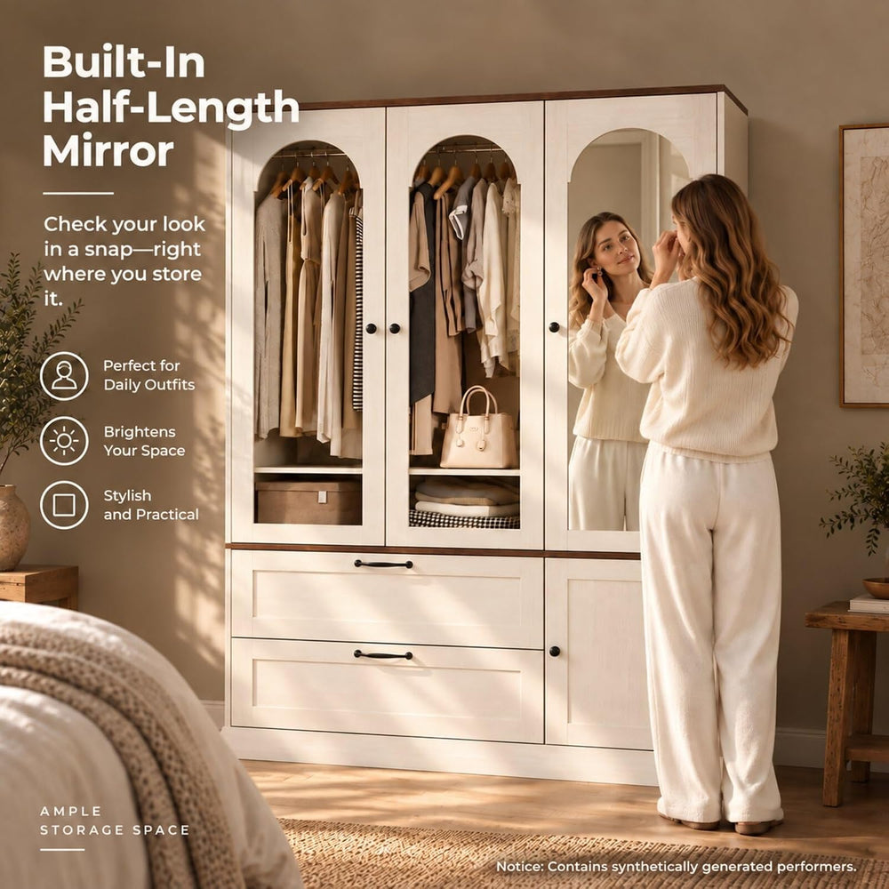 71" H Wardrobe Armoire with Mirror and Sensor Light,Flexible, Antique White