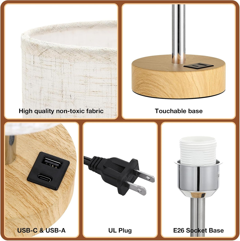 Dicoool Bedside Table Lamp Set of 2-3-Way Dimmable Touch Lamp, USB A+C