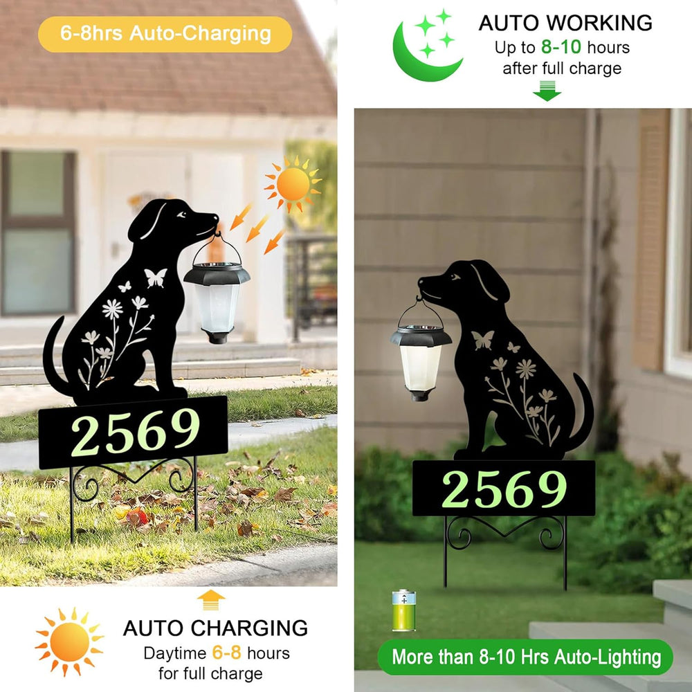 Solar House Numbers for Outside,Metal Dog Address Signs for Houses Yard