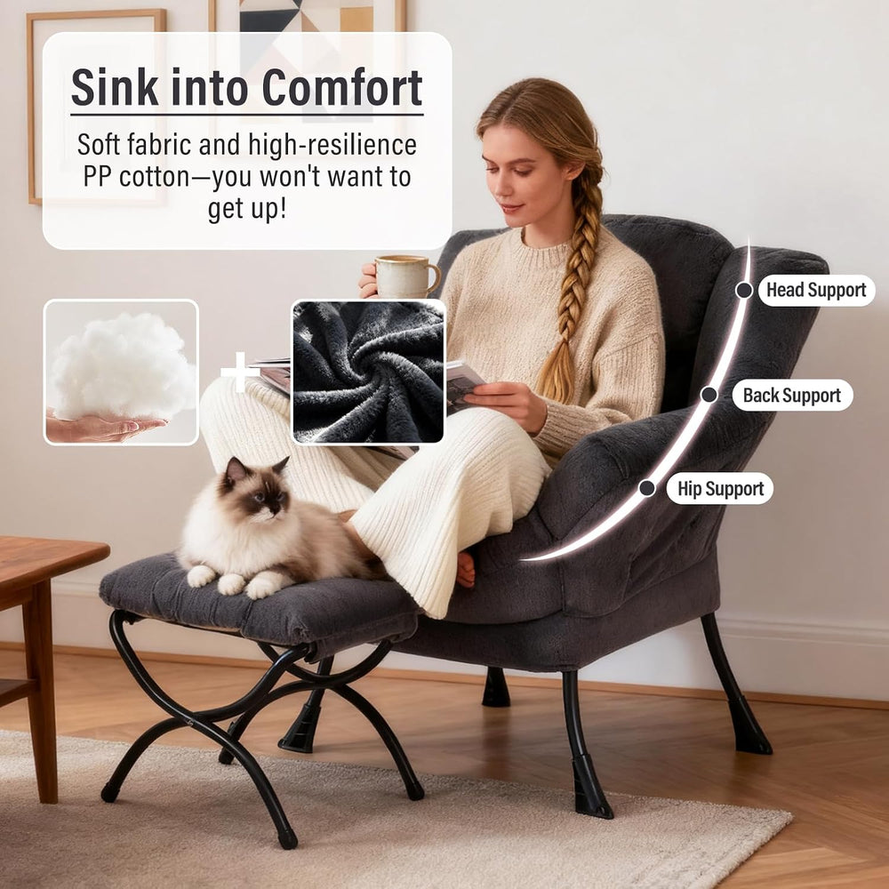 Furlide Lazy Chair with Ottoman, Soft Comfy Chair for Bedroom, Navy