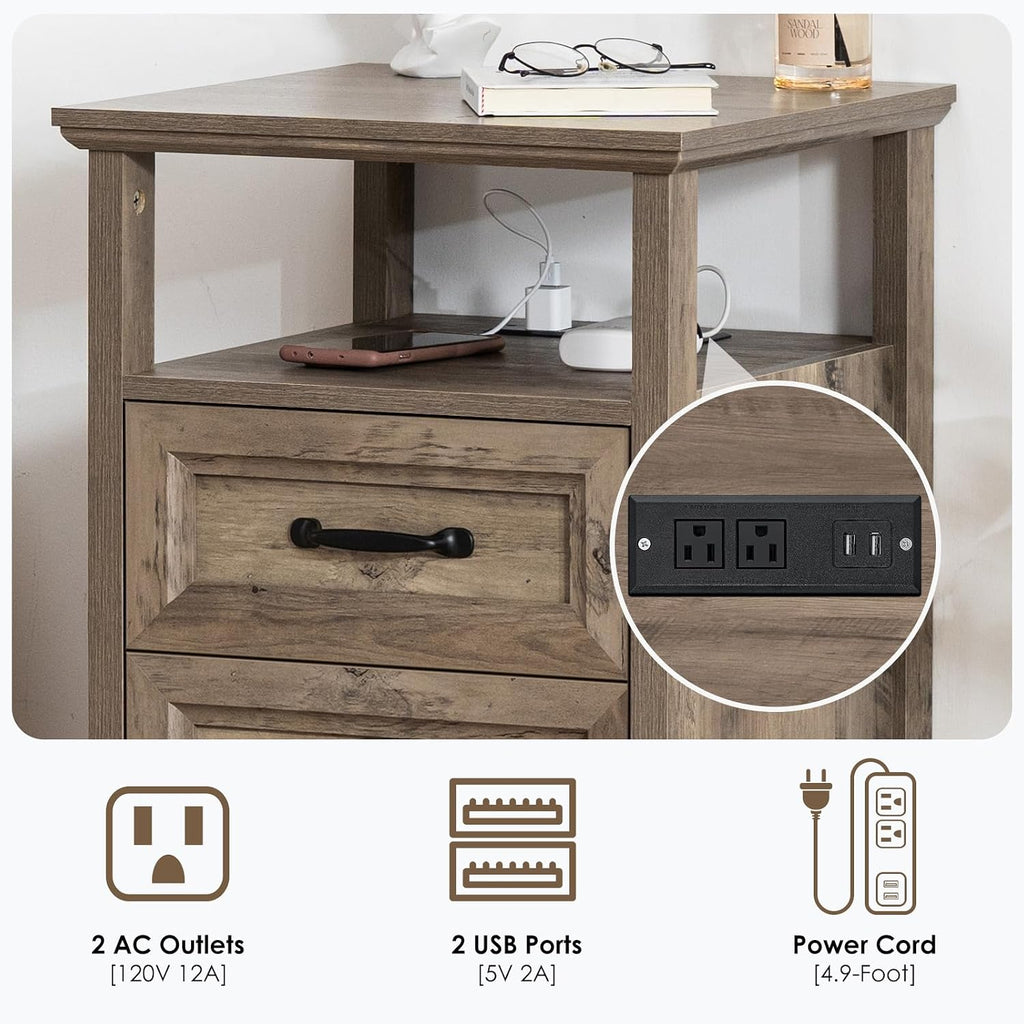 HOMMPA 18'' W Farmhouse Nightstand with Charging Station, Bedside Tables with Open Shelf, 2 Drawers End Table Dresser Side Table, Wood Night Stand for Bedroom, Rustic Greige