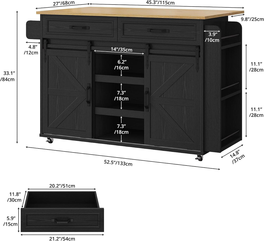 IRONCK Kitchen Island with Storage, Drop Leaf Countertop, Black
