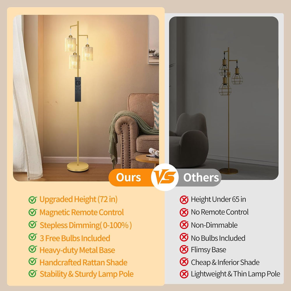 Hotsonic 72" Remote Boho Rattan Tree Floor Lamp, Tall Dimmable Industria...