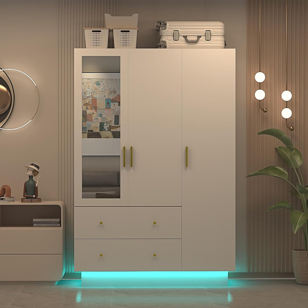 jiteentarou 3 Door Wardrobe Closet with Mirror & LED Lights, Bedroom Armo...