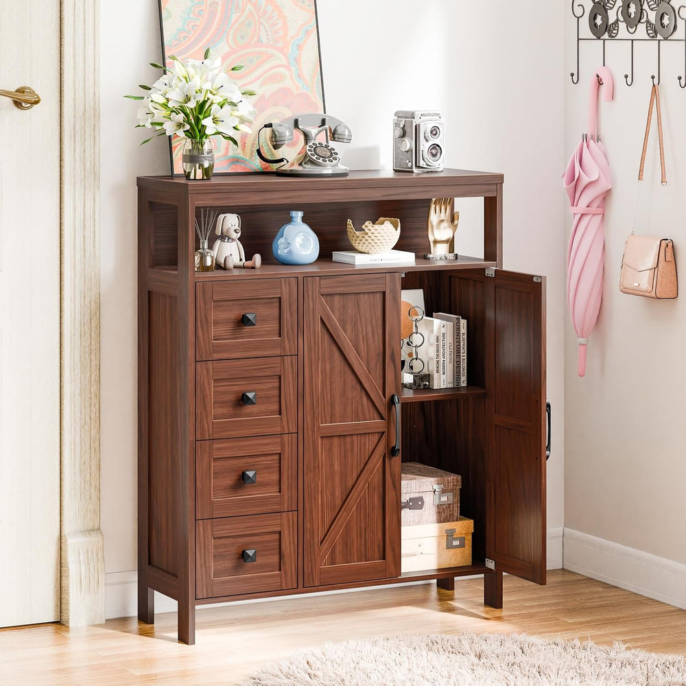 Befrases Farmhouse Storage Cabinet with 2 Doors and 4 Drawers, Walnut