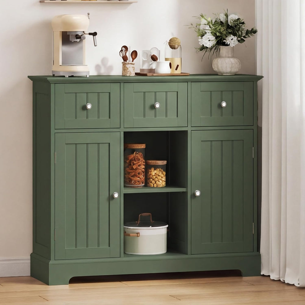 ChooChoo 35.4" Coffee Bar Cabinet with 3 Drawers and 2 Doors, Green