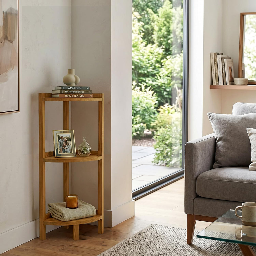 Asta SpaTeak Avila Solid Teak 3-Tier Bathroom Free Standing Corner Shelf, Ful...