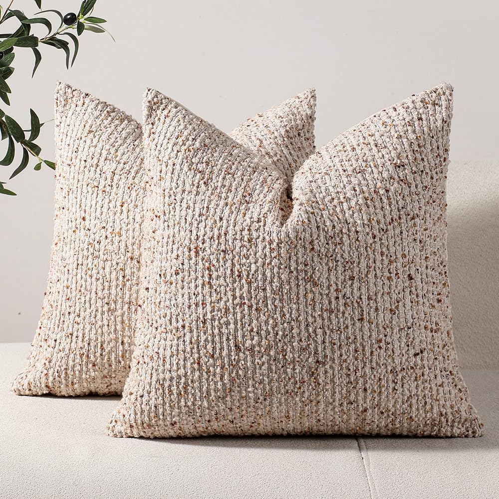 DEZENE Striped Throw Pillow Covers 20x20 Set of 2 Beige Textured Boucle Chic ...
