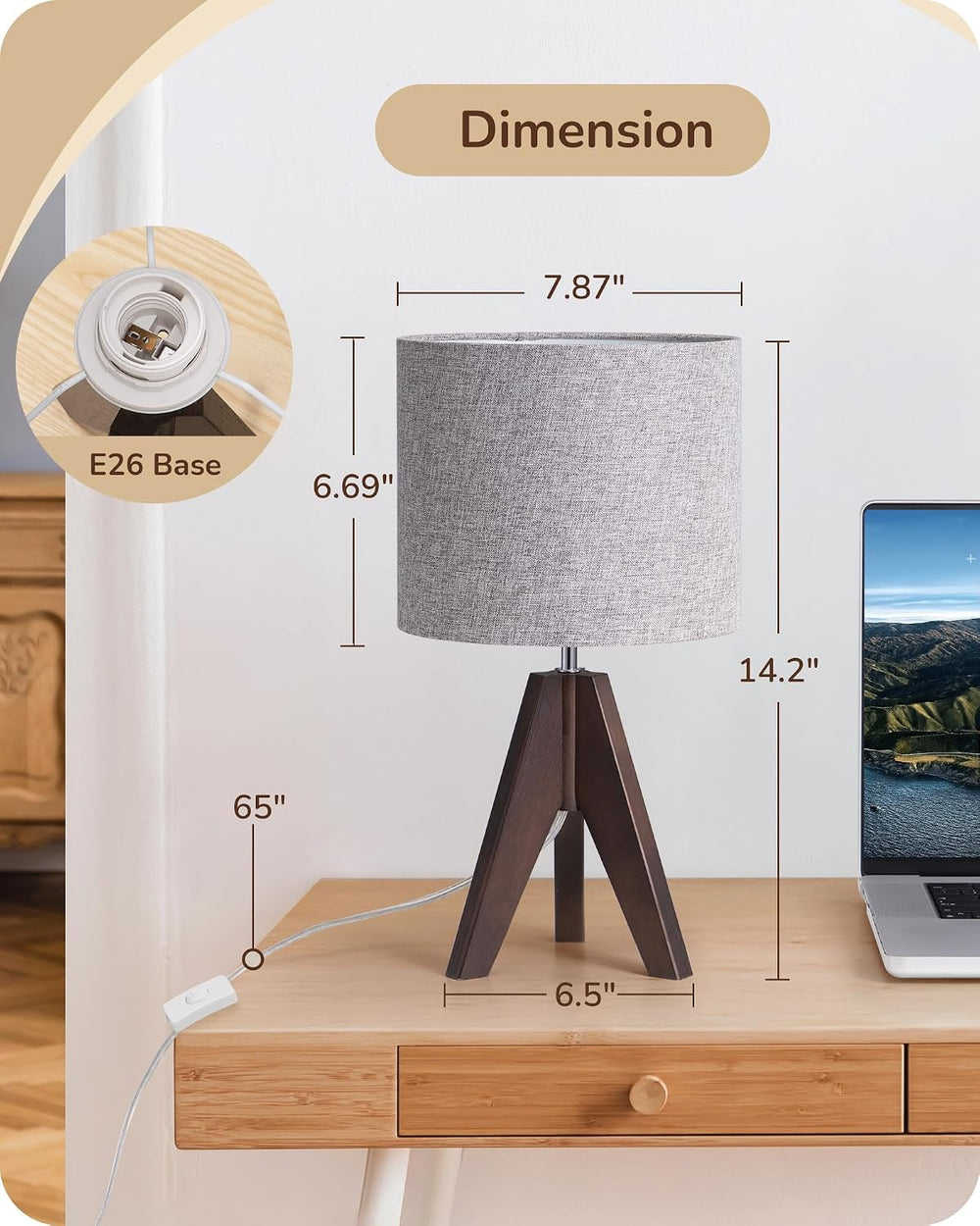 EDISHINE Boho Small Table Lamp, Wood Lamp, Grey Linen Lampshade,14.2 Inch