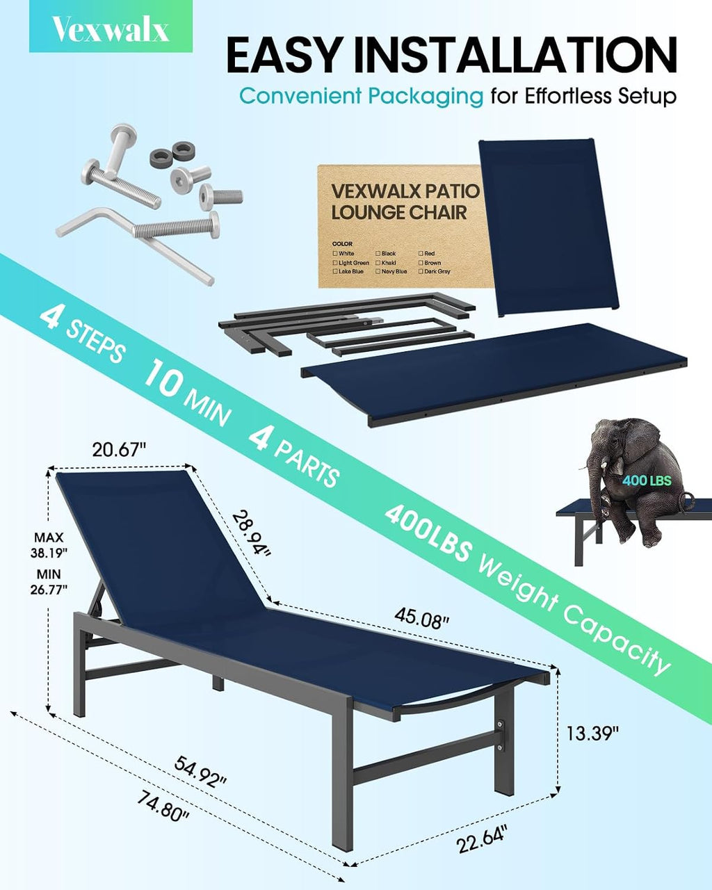 vexwalx pool lounge chairs set of 2, aluminum, side view