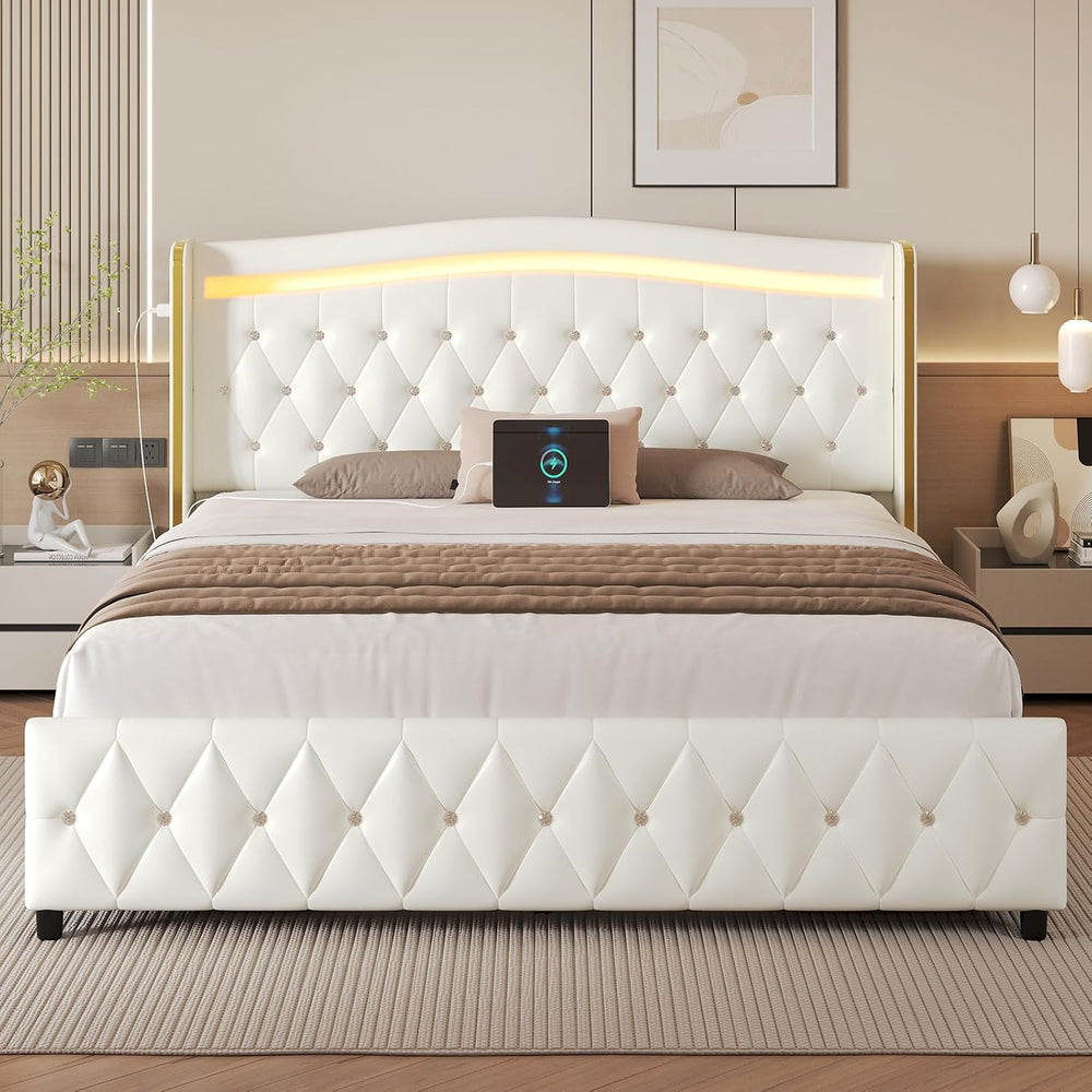 Queen Size Bed Frame, Headboard, 4 Storage Drawers, LED Lights, White