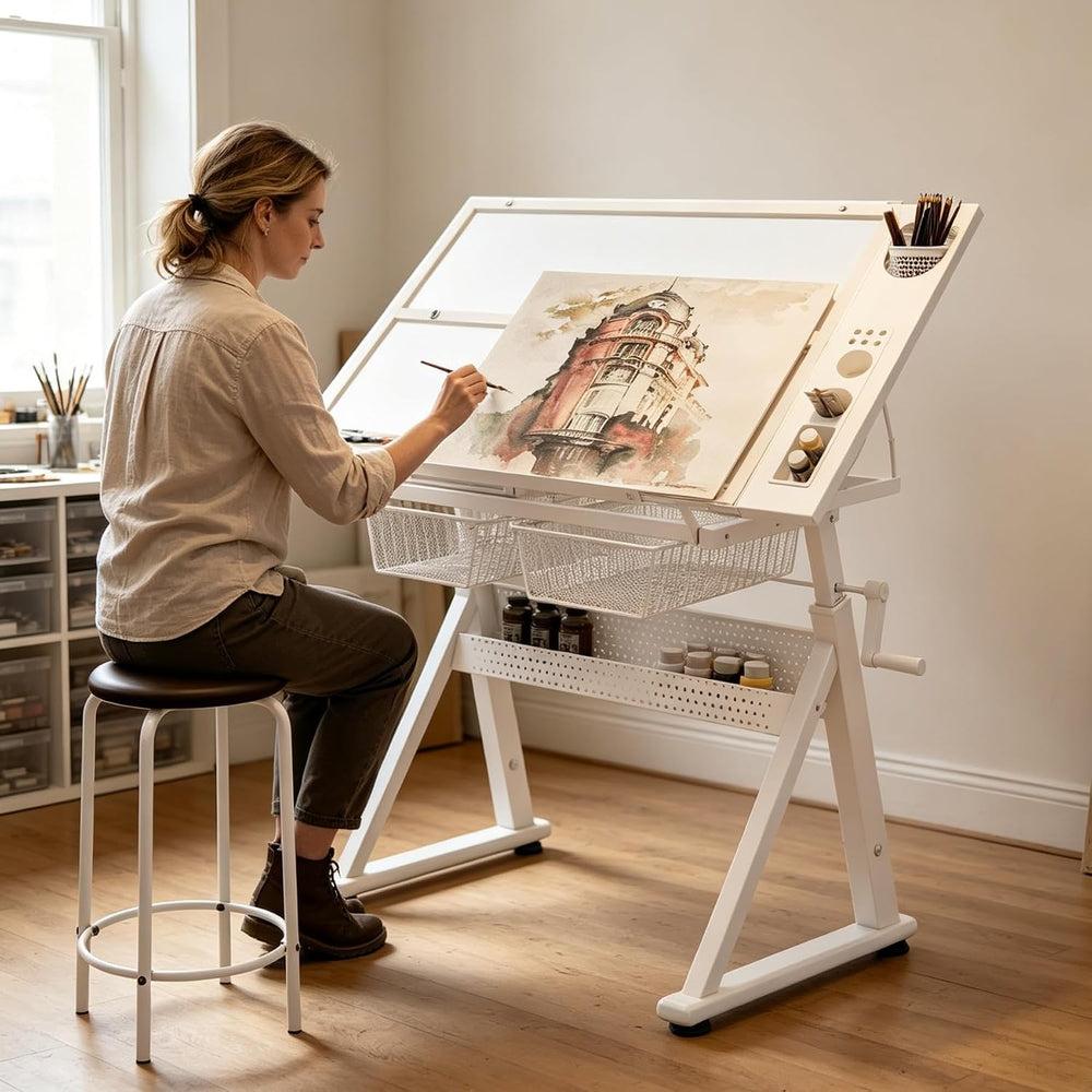 Drafting Desk w/Stool, Upgraded Glass Art Table for Artists, White