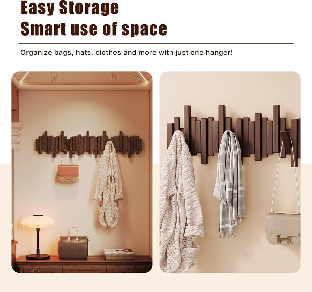 Coat Rack Wall Mount Piano Flip Down Wall Hook Rack 6 Hooks Walnut