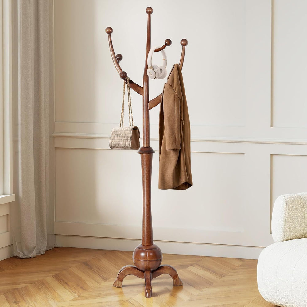 Wooden Coat Rack Freestanding Coat Tree with 8 Hooks, Walnut