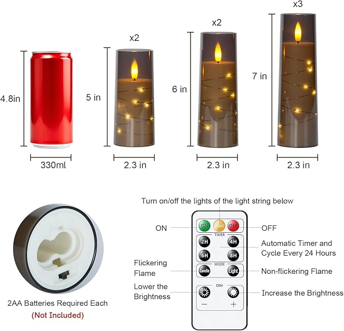 Raycare Flameless Candle with Remote Timer, 7 Flickering Acrylic Battery Operated LED Pillar Candles with Embedded Star String for Halloween, Home Decor, and as a Gift(Grey) (7 Pack)