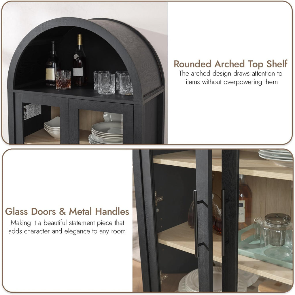 71" Tall Arched Display Cabinet with Glass Doors, 5-Tier Bookshelf