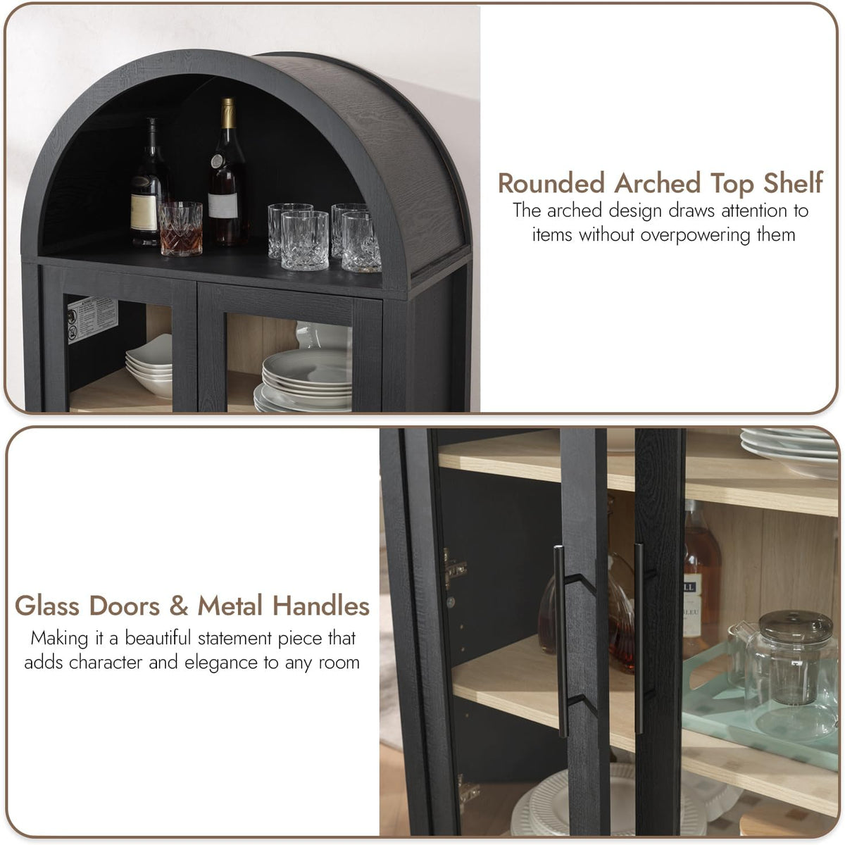 71" Tall Arched Display Cabinet with Glass Doors, 5-Tier Bookshelf