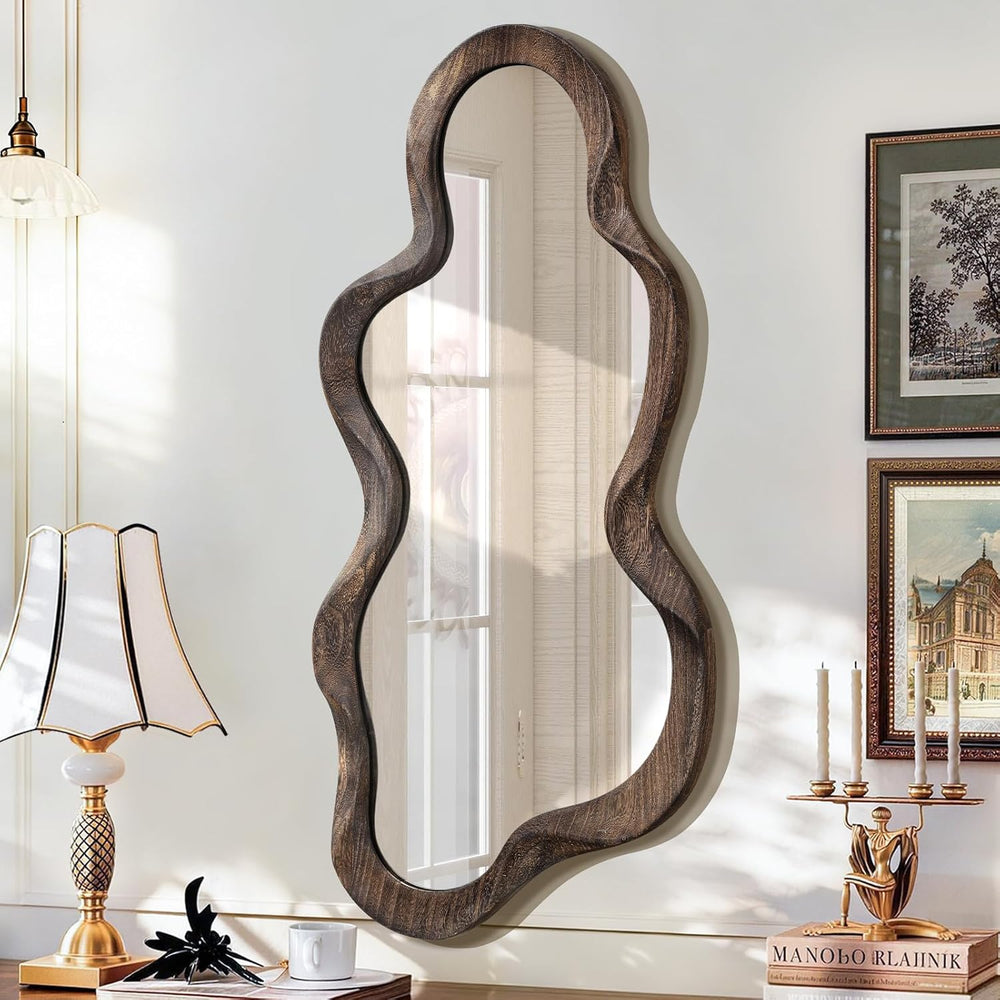 Large Asymmetrical Mirror, Wall Wood Frame Irregular Cloud Wavy Mirror