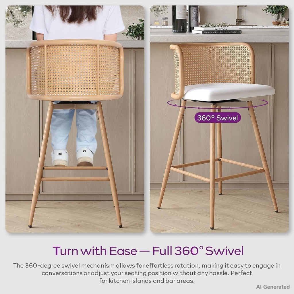 26" Rattan Bar Stools Set of 2, Swivel Counter Height Barstools, White