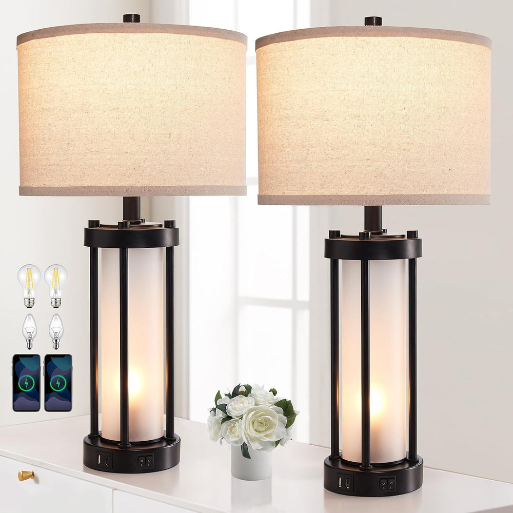 RORIA Set of 2 Modern Table Lamps for Living Room with 2 USB Ports, White Fro...