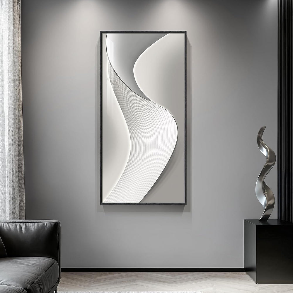 Large Framed Silver White Abstract Wall Art for Living Room, Vertical 30x60