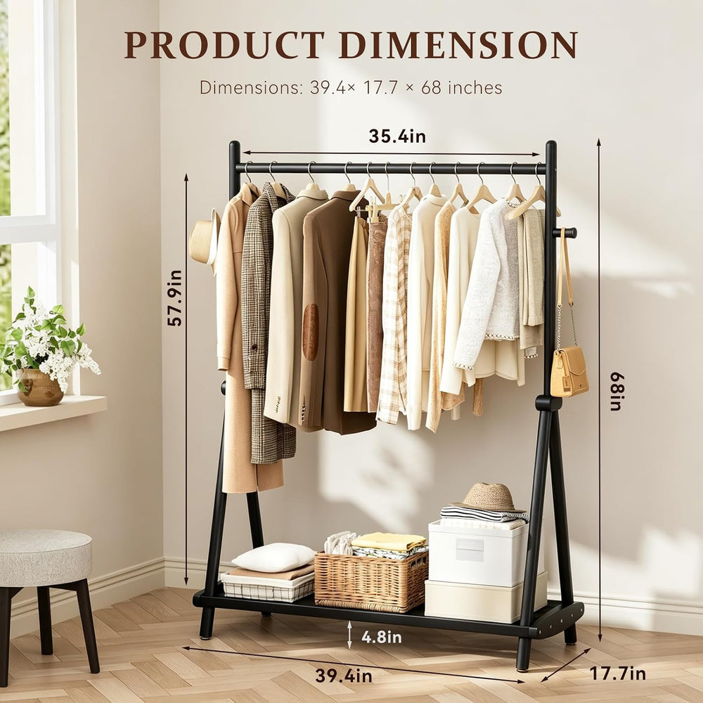 Solid Wood Coat Rack, Freestanding with Double Rods 2 Shelves