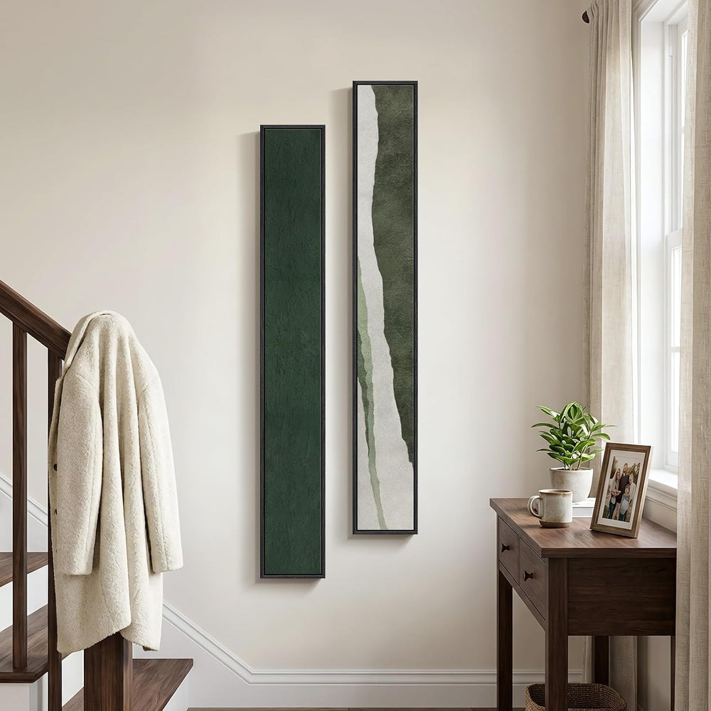 Framed Green White Vertical Abstract Wall Art Decor for Hallway, 2 Piece
