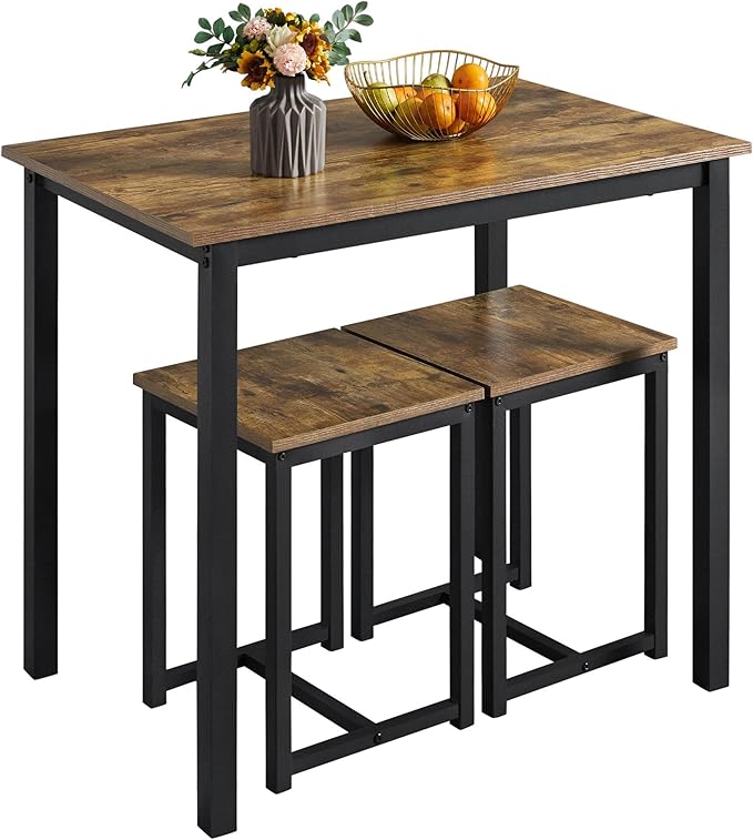 Yaheetech Industrial Dining Kitchen Table Set for 2 Breakfast Nook Table w/ 2 Stools for Dining Room Kitchen Small Space, Rustic Brown (3 Piece)