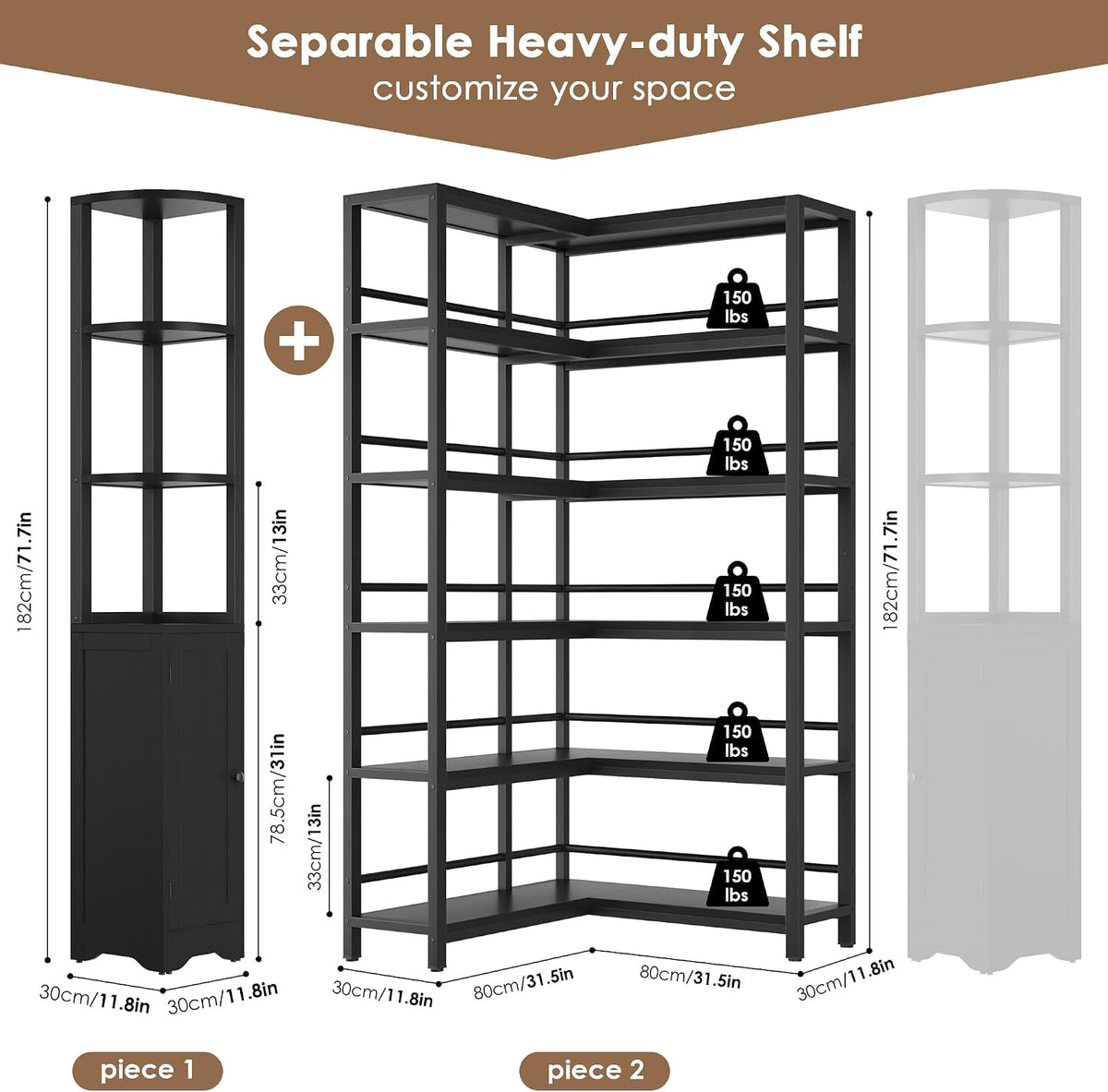 72" tall corner bookshelf, 6-tier l-shaped bookcase with shown in use