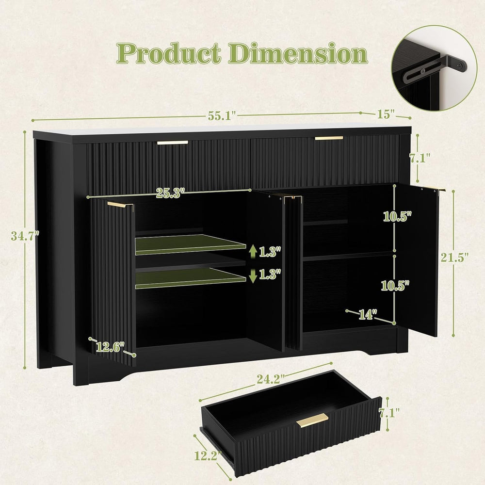 Cyclysio 55" Fluted Sideboard Buffet Cabinet with Drawers (Black, 4 Doors)