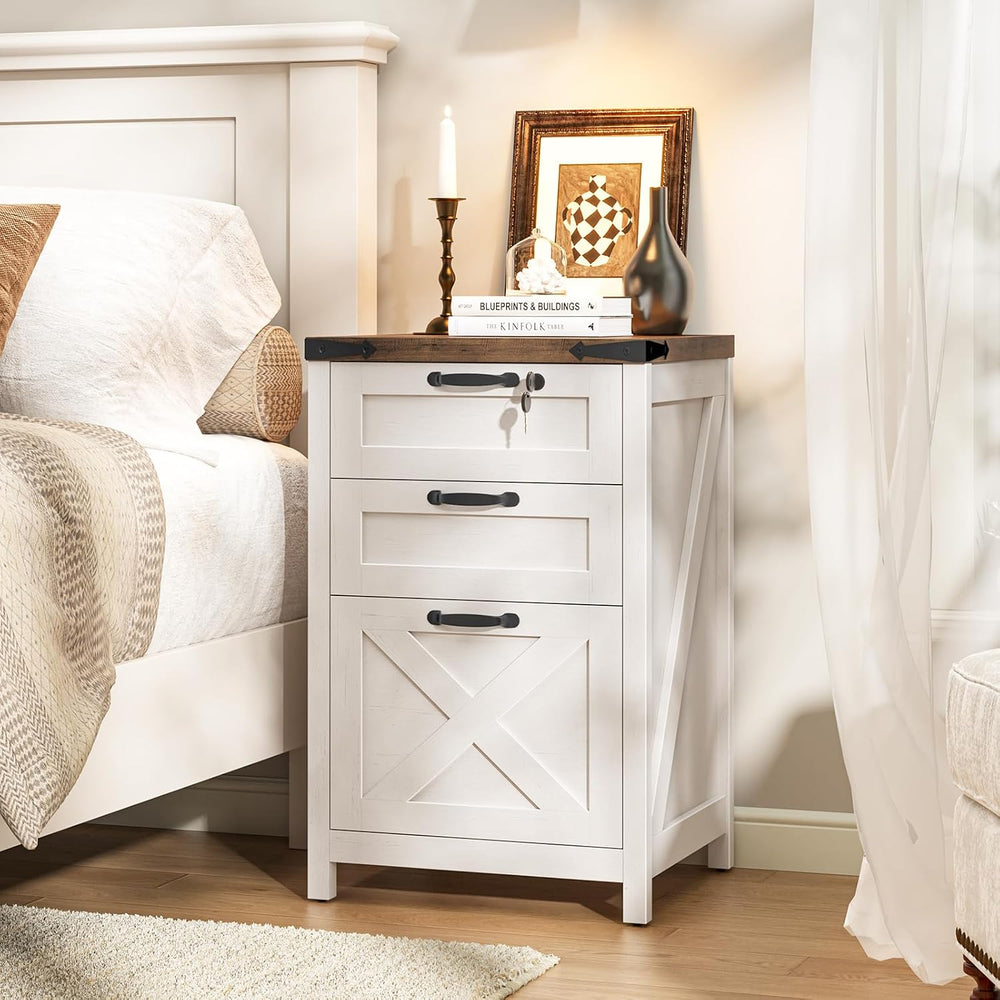 Farmhouse 3 Drawers File Cabinet with Lock for Home Office, Rustic White