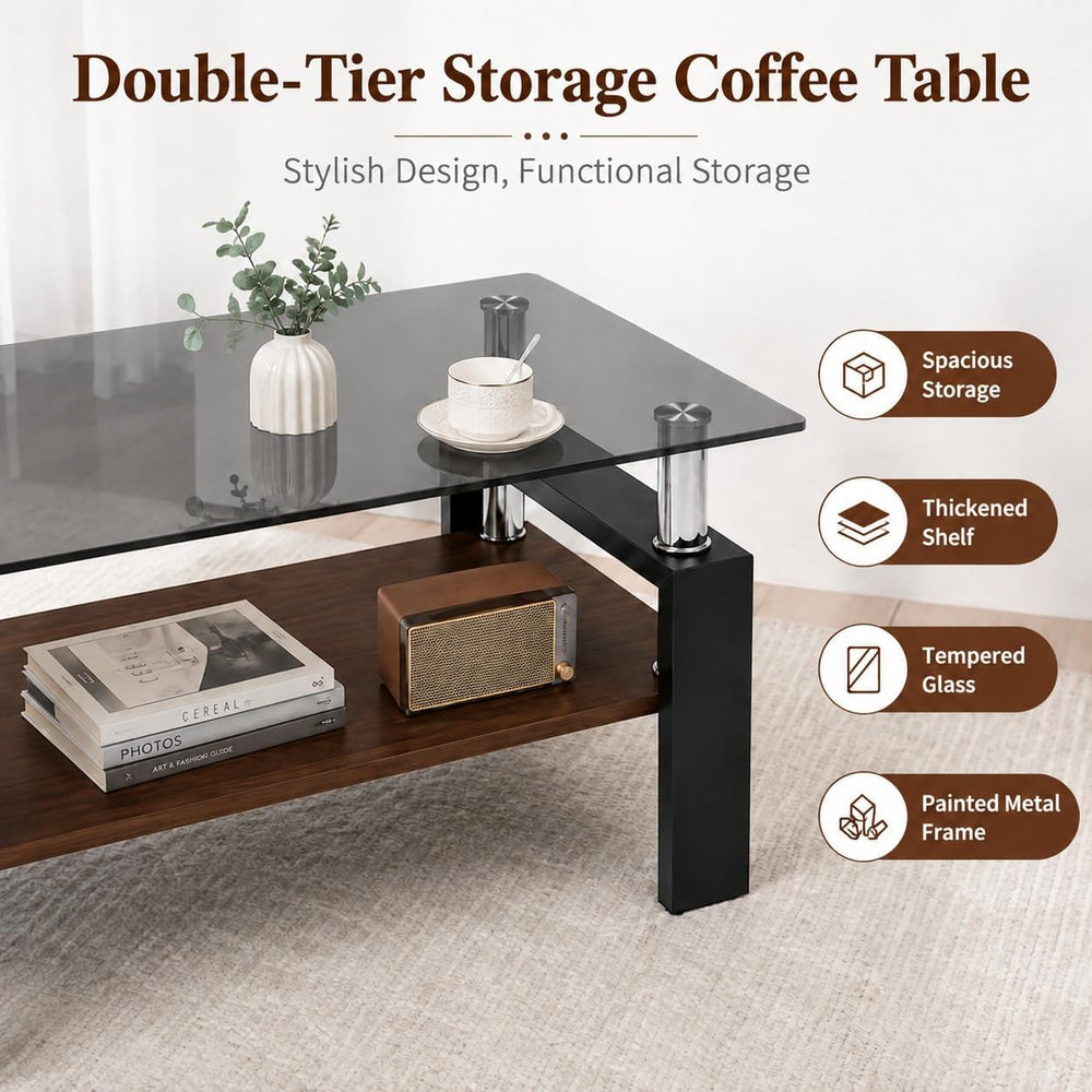 3-Piece Coffee Table Set, Glass Coffee Table & 2 End Tables, Black