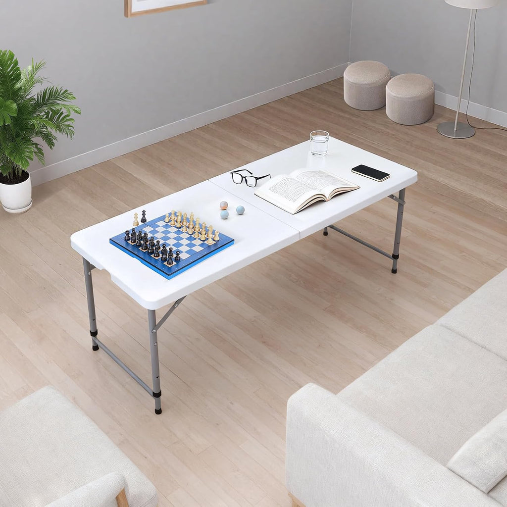 Lakhow 4FT Folding Table,3-Level Adjustable Height Heavy Duty Plastic Utility Table with Carrying Handle,White | Fold in Half,HDPE Top for Indoor Outdoor Camping Party Dining
