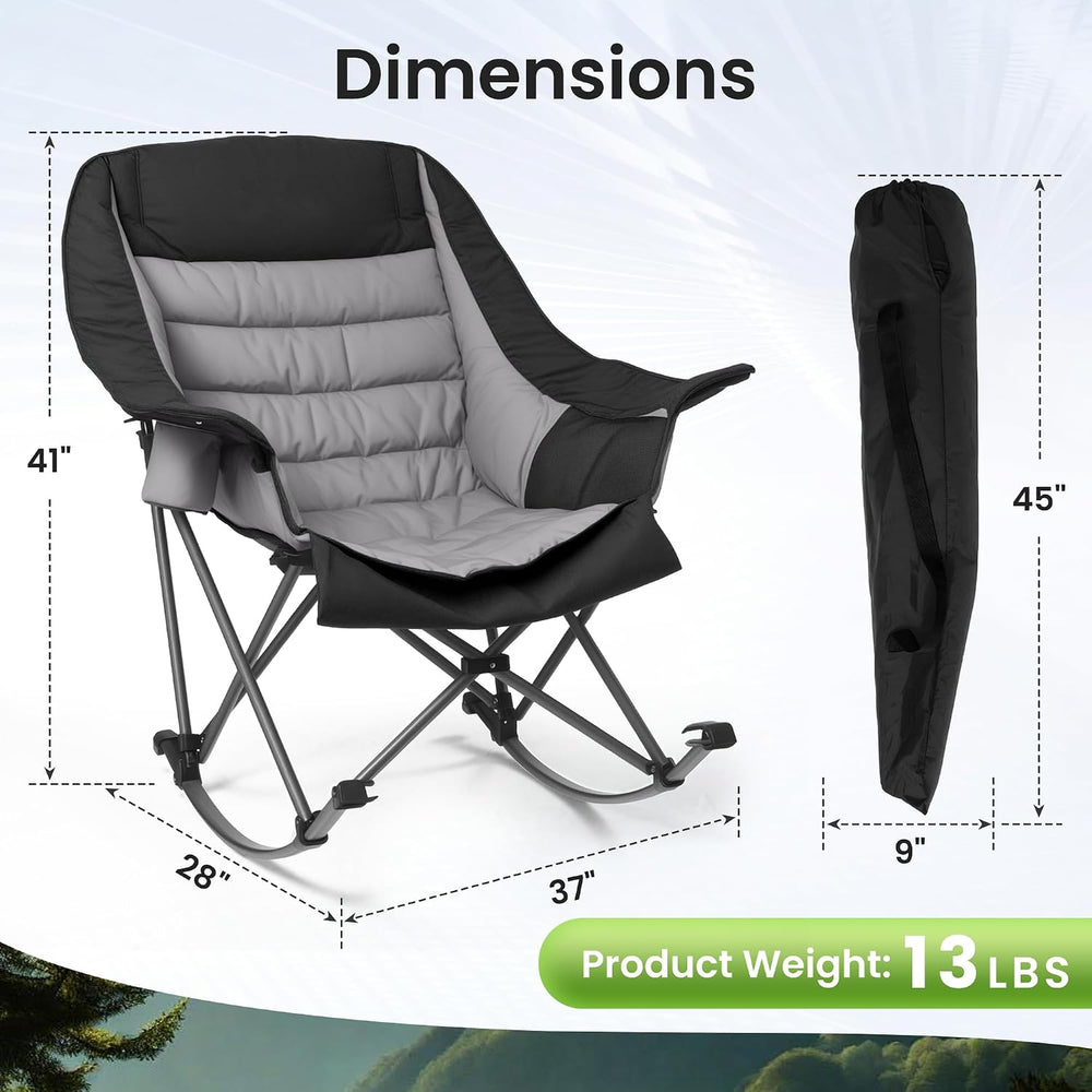 SUNW Oversized 400lbs Foldable Rocking Camping Chair with Cup Holder Side Poc...