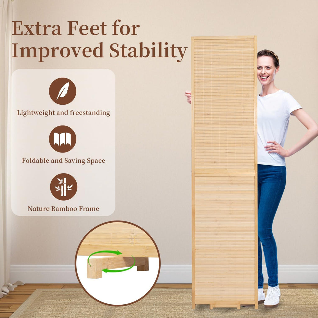 Bamboo Room Divider 6 Panel Wall Divider,Folding Screen W/Extra Stable Base