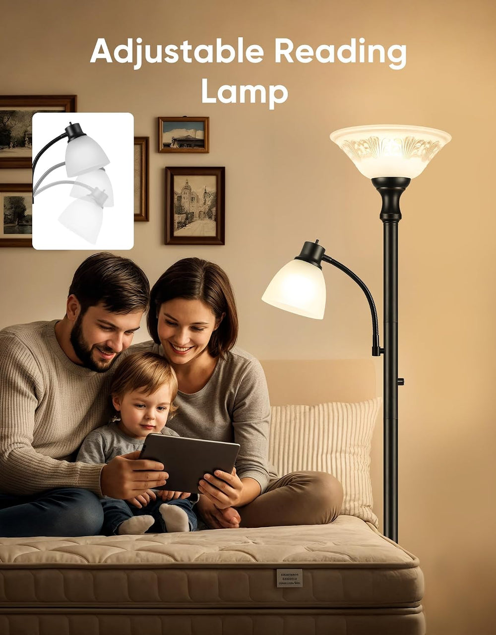 Torchiere Floor Lamp for Living Room with Reading Light, Thick Glass Shade