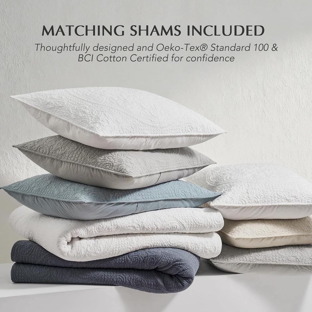 EverGrace 100% Cotton Medallion Stitch Quilt Set, King Size, Bright White