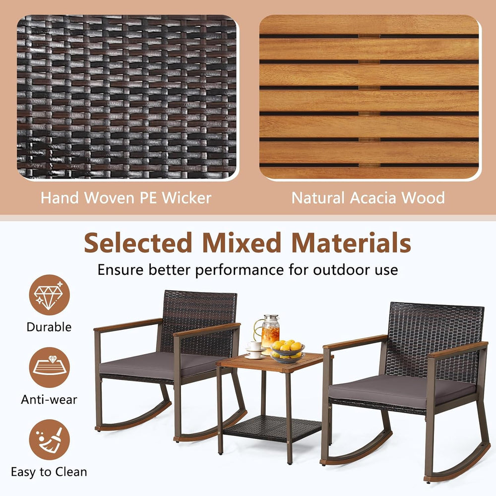 COSTWAY 3 Pieces Patio Rocking Bistro Set, Outdoor Wicker Acacia Wood Sets