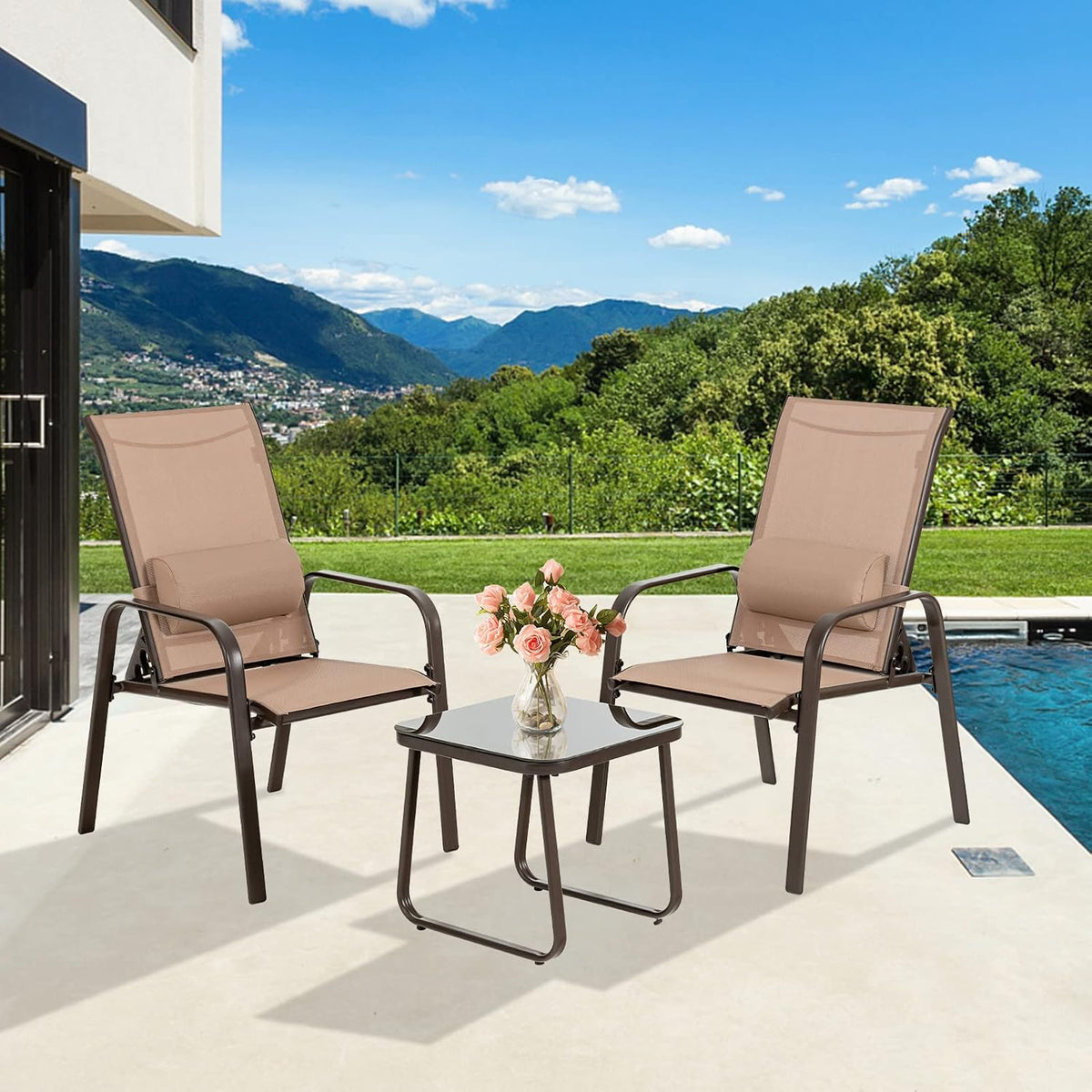 Tangkula Outdoor Bistro Set, 3 Pieces Patio Recliner Stackable Chairs with Adjustable & Folding Backrest, Removable Headrest and Tempered Glass Coffee Table Set, Patio Conversation Set (Brown)