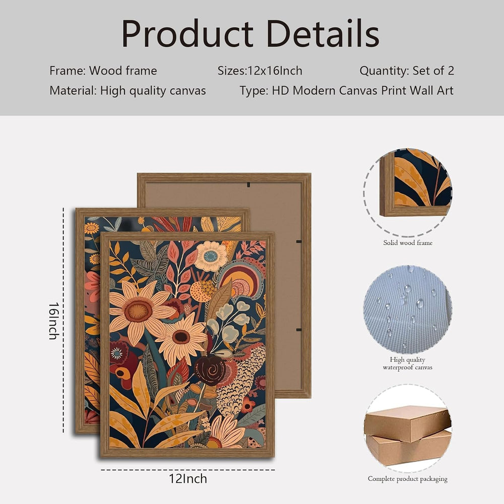 2pcs Orange Flower Framed Canvas Wall Art Set Rural Bohemian Natural Style Ca...